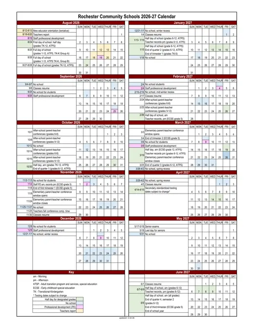Rochester Community Schools 2026–2027 Academic Calendar Page 1