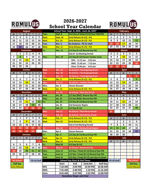 Romulus Community Schools 2026–2027 Academic Calendar Page 1