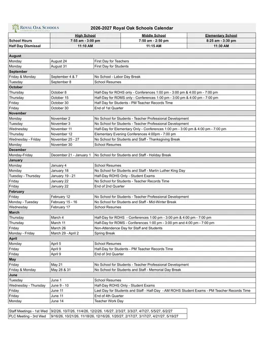 Royal Oak Schools 2026–2027 Academic Calendar Page 1