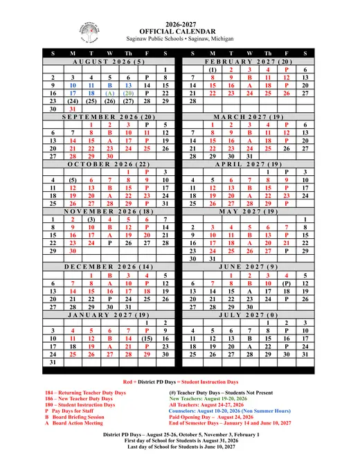 Saginaw Public Schools 2026–2027 Academic Calendar Page 1