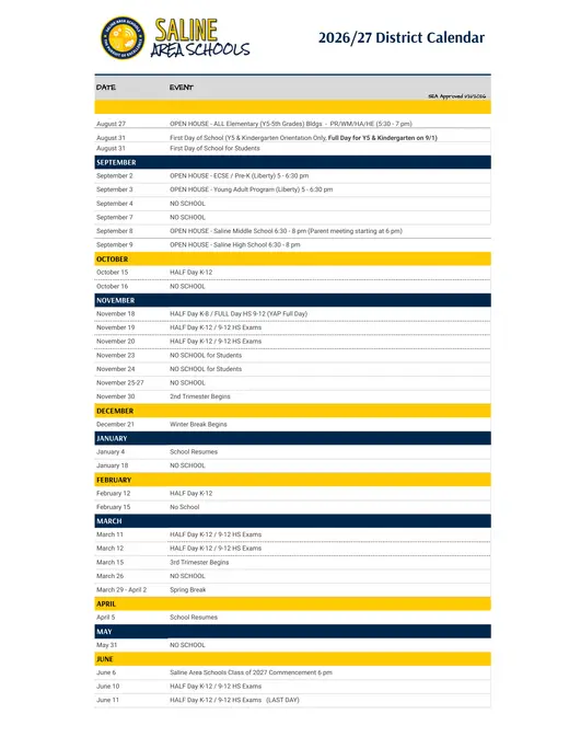 Saline Area Schools 2026–2027 Academic Calendar Page 1
