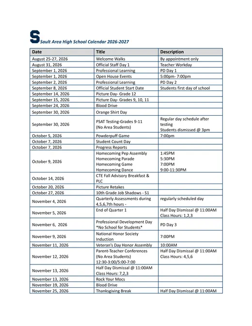 Sault Area High School 2026–2027 Academic Calendar Page 1