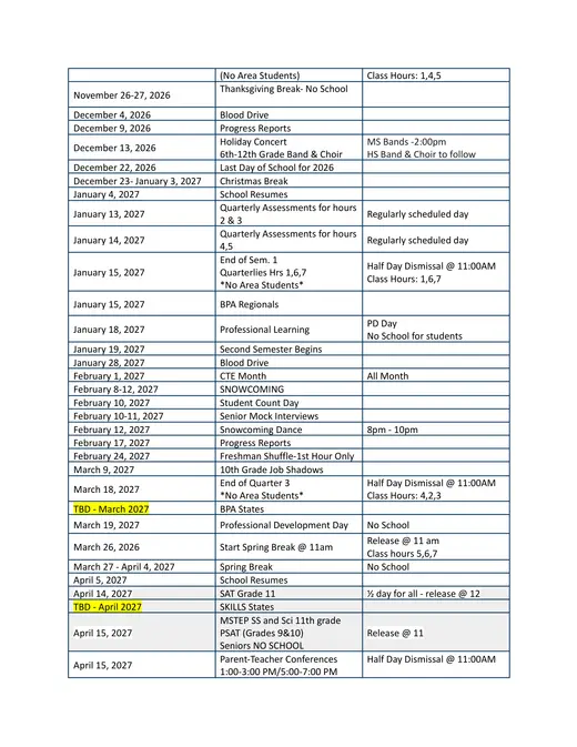 Sault Area High School 2026–2027 Academic Calendar Page 2
