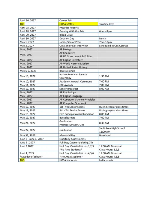 Sault Area High School 2026–2027 Academic Calendar Page 3