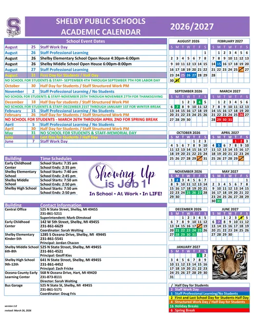 Shelby Public Schools 2026–2027 Academic Calendar Page 1