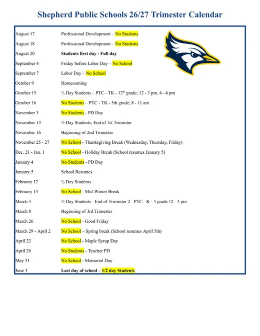 Shepherd Public Schools 2026–2027 Academic Calendar Page 1