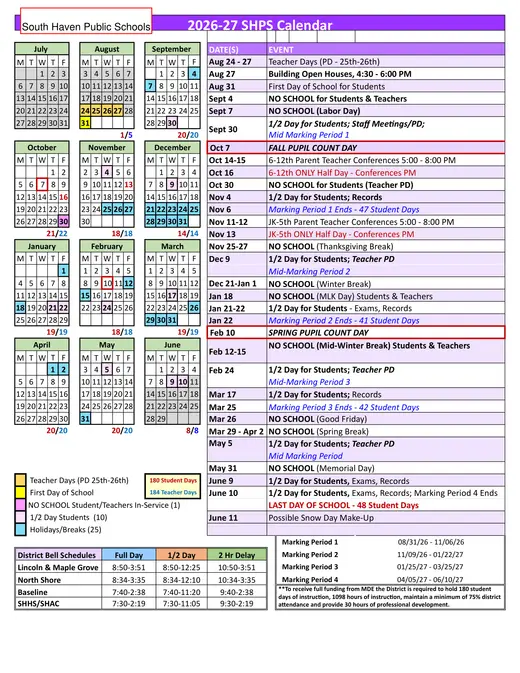 South Haven Public Schools 2026–2027 Academic Calendar Page 1