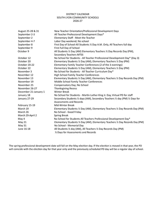 South Lyon Community Schools 2026–2027 Academic Calendar Page 1