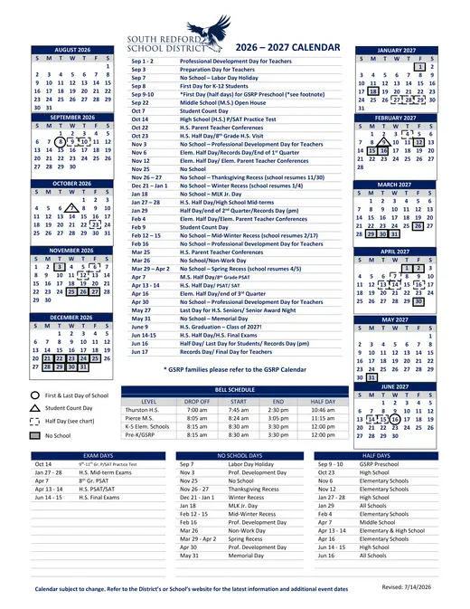 South Redford School District 2026–2027 Academic Calendar Page 1