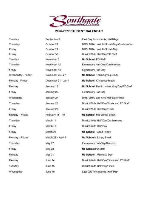 Southgate Community Schools 2026–2027 Academic Calendar Page 1