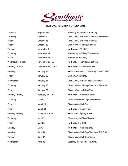Southgate Community Schools 2026–2027 Academic Calendar Page 2