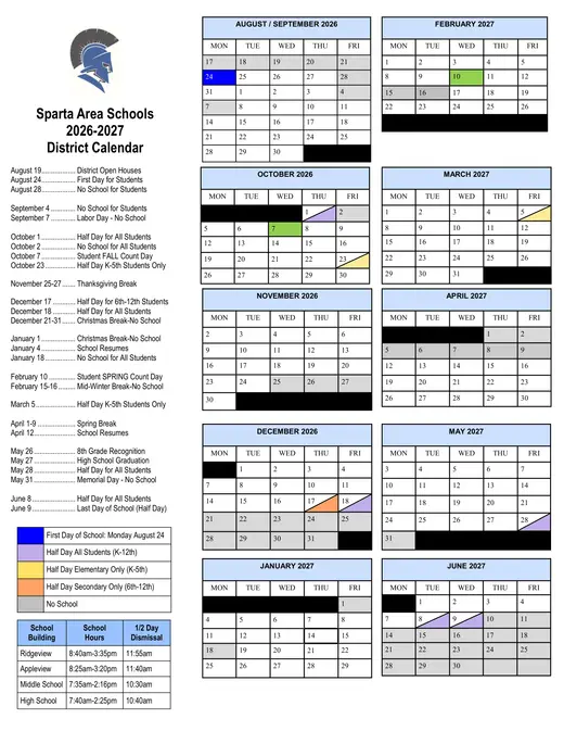 Sparta Area Schools 2026–2027 Academic Calendar Page 1