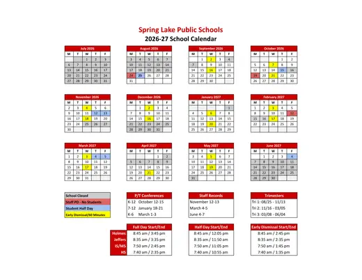 Spring Lake Public Schools 2026–2027 Academic Calendar Page 1