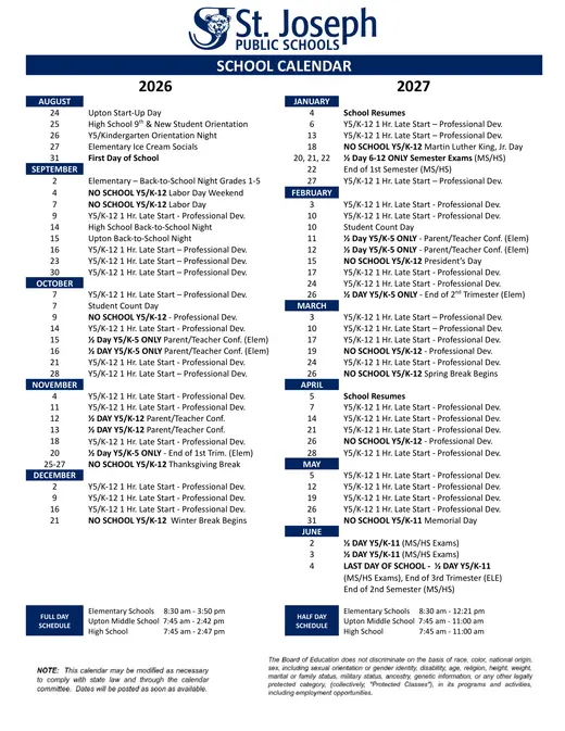 St. Joseph Public Schools 2026–2027 Academic Calendar Page 1