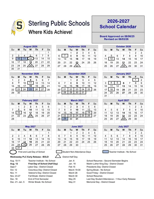 Sterling Public Schools 2026–2027 Academic Calendar Page 1