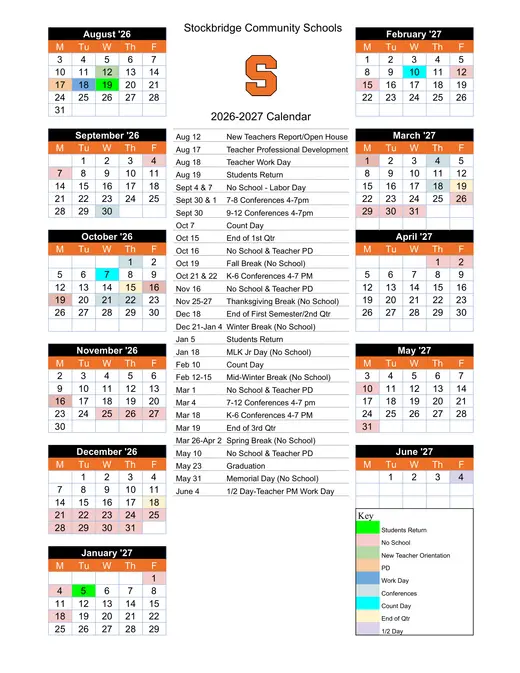 Stockbridge Community Schools 2026–2027 Academic Calendar Page 1