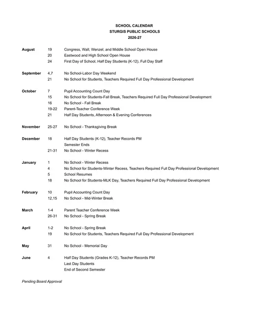 Sturgis Public Schools 2026–2027 Academic Calendar Page 1