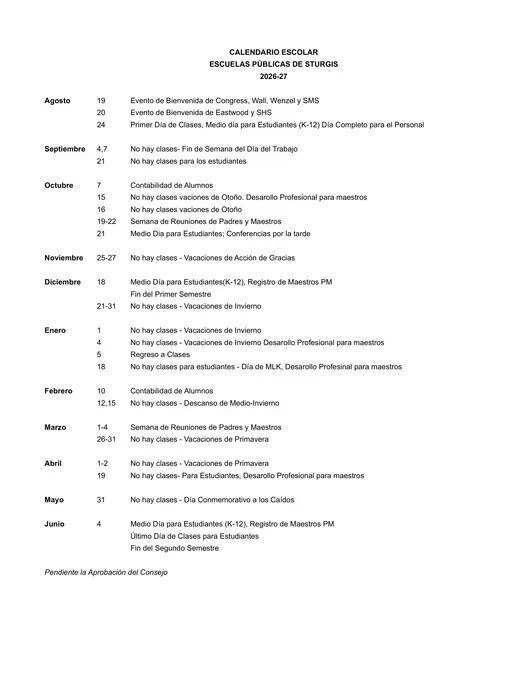 Sturgis Public Schools 2026–2027 Academic Calendar Page 2