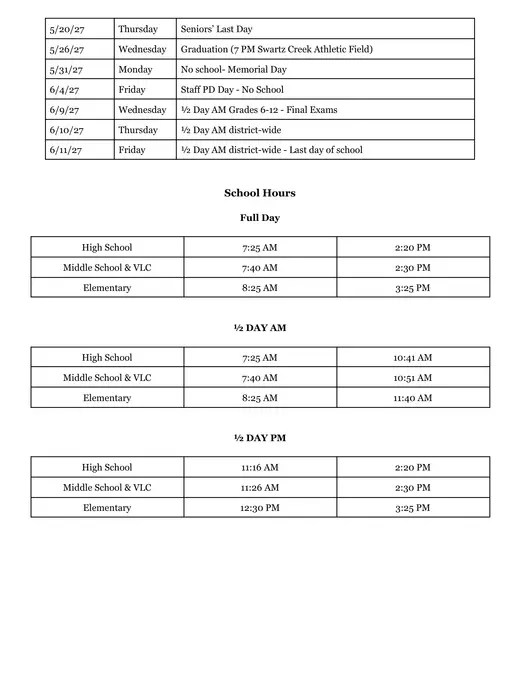 Swartz Creek Community Schools 2026–2027 Academic Calendar Page 2