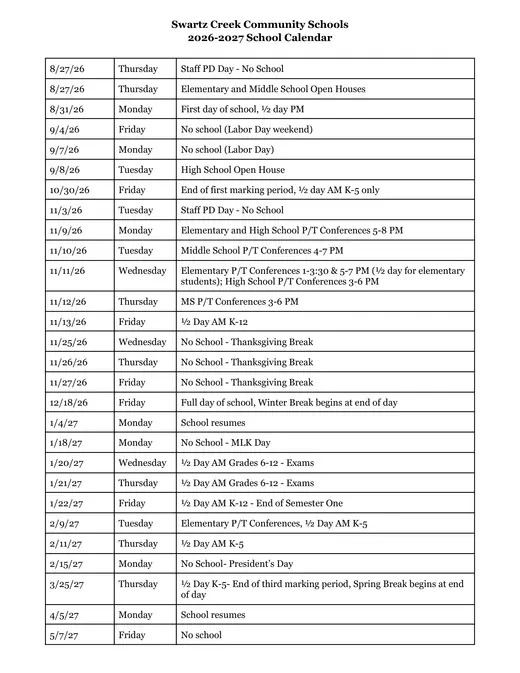 Swartz Creek Community Schools 2026–2027 Academic Calendar Page 1