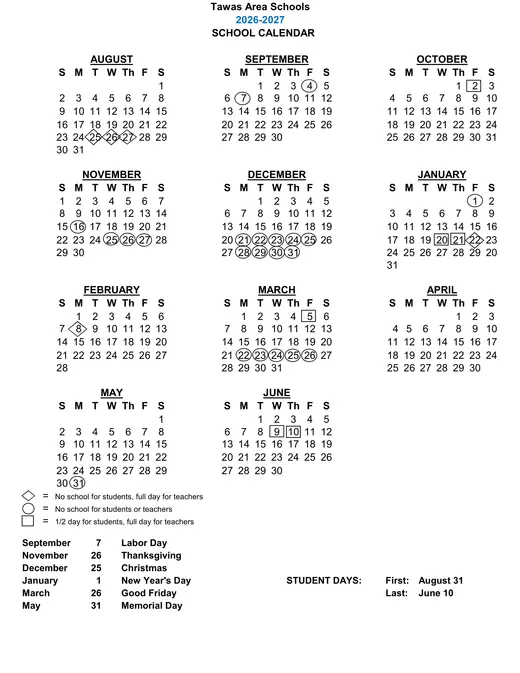 Tawas Area Schools 2026–2027 Academic Calendar Page 1