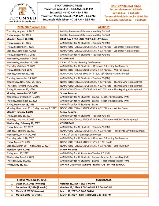 Tecumseh Public Schools 2026–2027 Academic Calendar Page 1