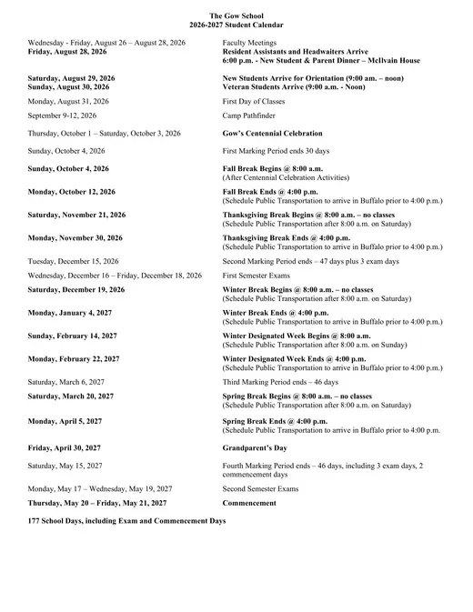 The Gow School 2026–2027 Academic Calendar Page 1