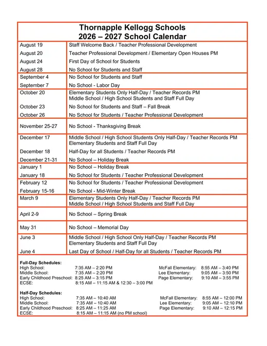 Thornapple Kellogg Schools 2026–2027 Academic Calendar Page 1