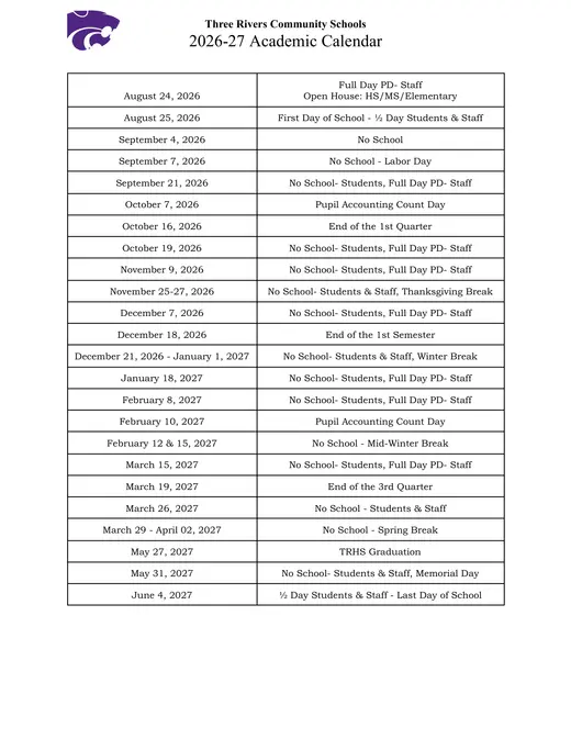 Three Rivers Community Schools 2026–2027 Academic Calendar Page 1