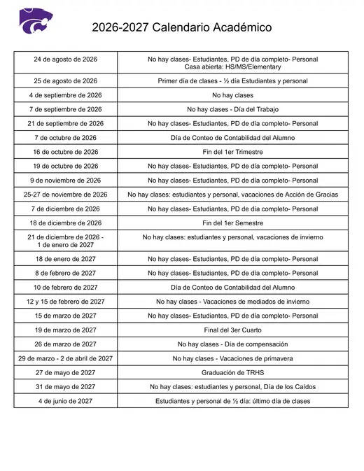 Three Rivers Community Schools 2026–2027 Academic Calendar Page 2