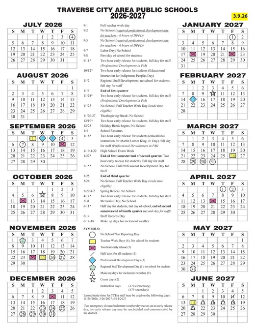 Traverse City Area Public Schools 2026–2027 Academic Calendar