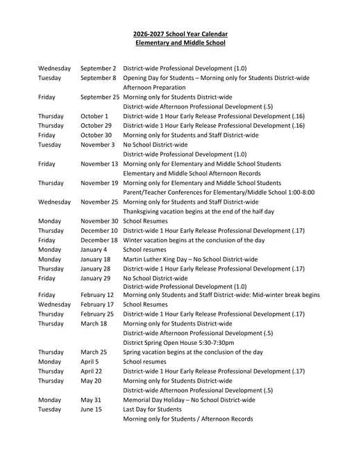 Trenton High School 2026–2027 Academic Calendar Page 1