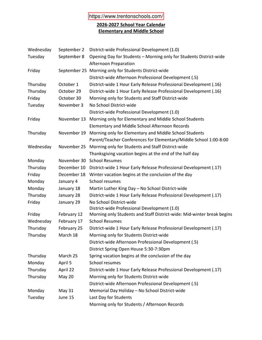 Trenton Public Schools 2026–2027 Academic Calendar Page 1