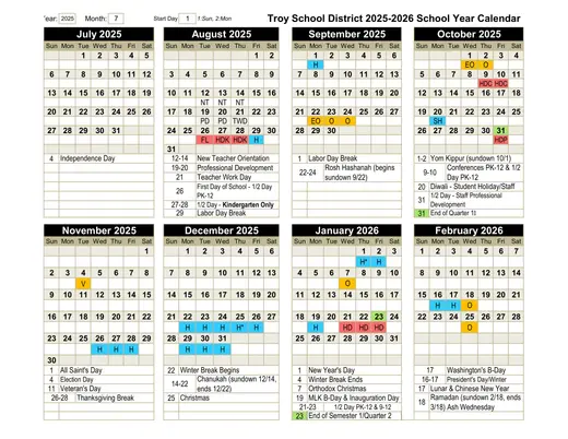 Troy School District 2026–2027 Academic Calendar Page 1