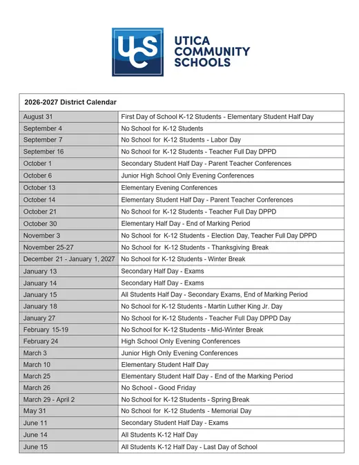 Utica Community Schools 2026–2027 Academic Calendar Page 1