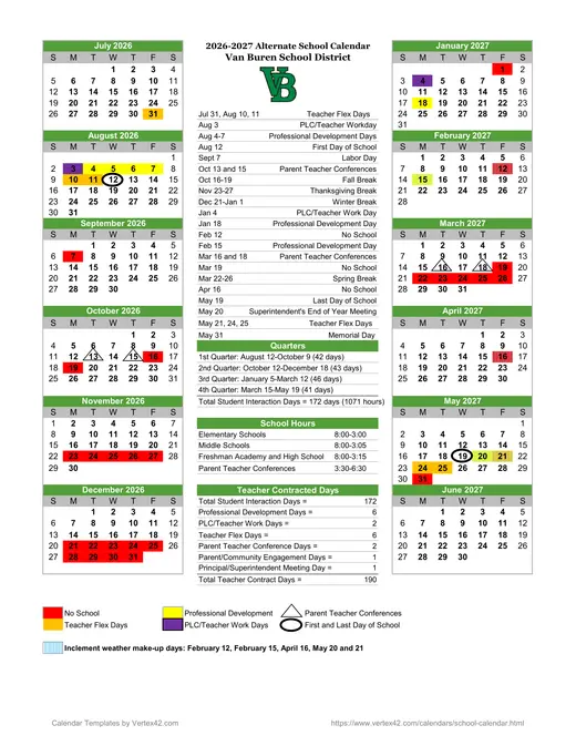 Van Buren School District 2026–2027 Academic Calendar Page 1
