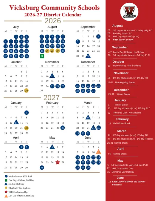 Vicksburg Community Schools 2026–2027 Academic Calendar Page 1