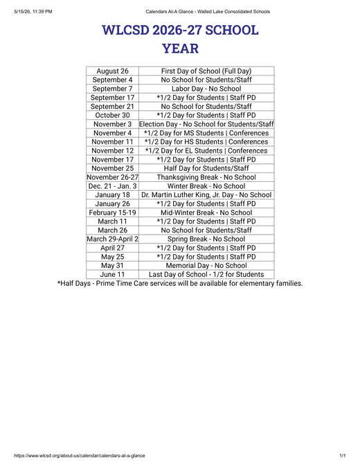 Walled Lake Consolidated Schools 2026–2027 Academic Calendar
