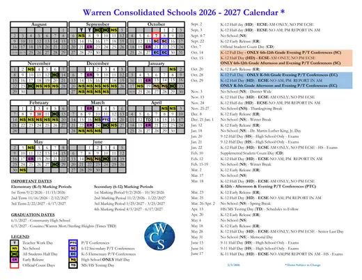 Warren Consolidated Schools 2026–2027 Academic Calendar