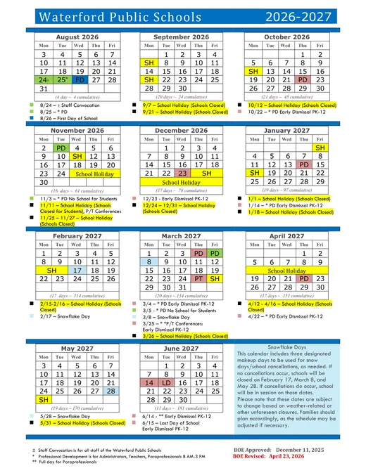 Waterford Public Schools 2026–2027 Academic Calendar Page 1
