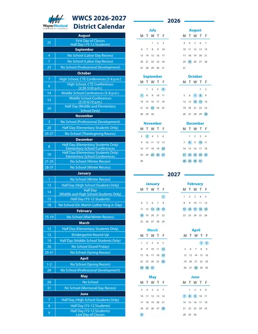 Wayne-Westland Community Schools 2026–2027 Academic Calendar Page 1