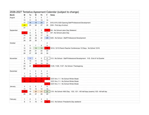 WCS 2026–2027 Academic Calendar Page 1