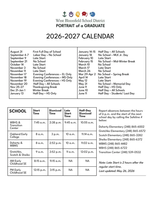 West Bloomfield School District 2026–2027 Academic Calendar Page 1