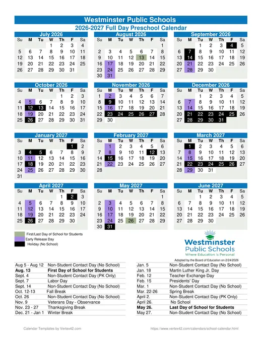 Westminster Public Schools 2026–2027 Academic Calendar Page 1