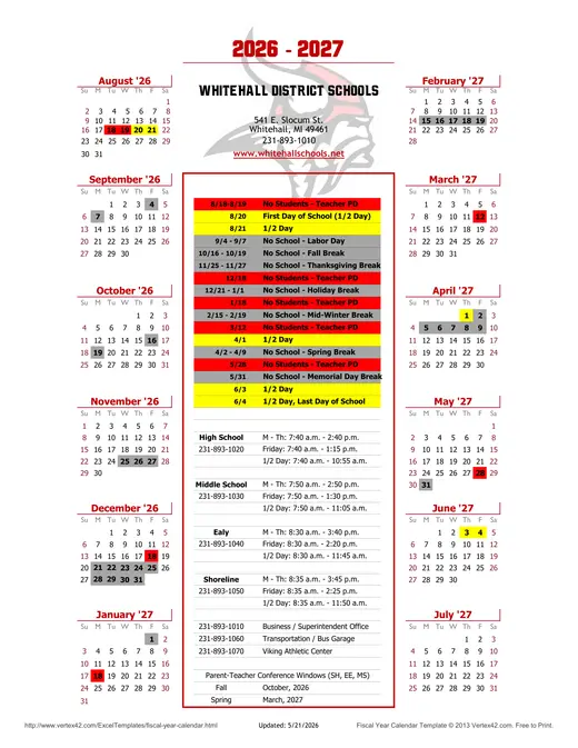 Whitehall District Schools 2026–2027 Academic Calendar Page 1