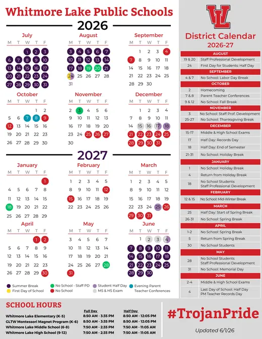Whitmore Lake Public Schools 2026–2027 Academic Calendar Page 1