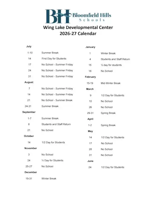 Wing Lake Developmental Center 2026–2027 Academic Calendar Page 1