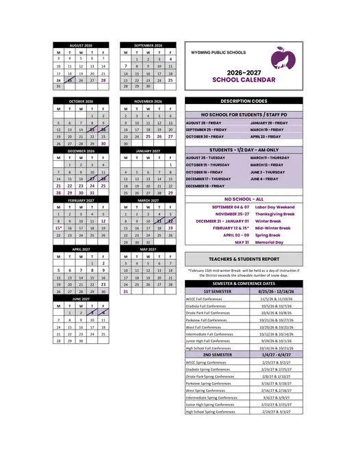 Wyoming Public Schools 2026–2027 Academic Calendar Page 1