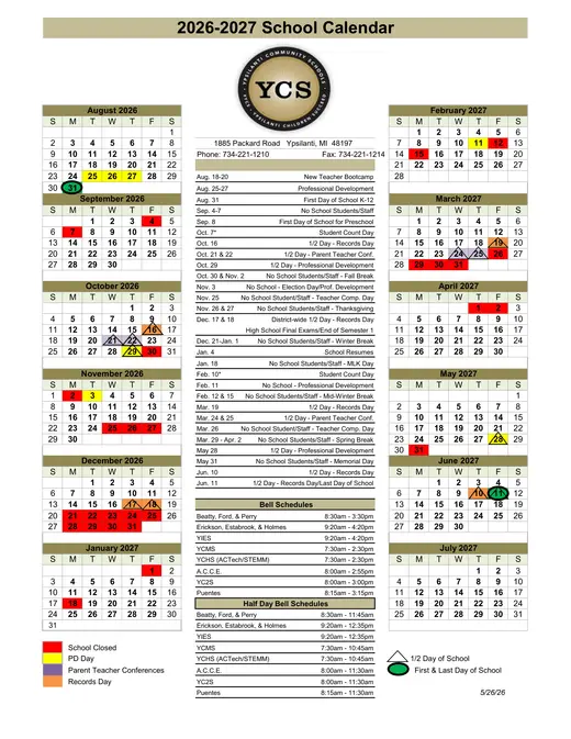 Ypsilanti Community Schools 2026–2027 Academic Calendar Page 1