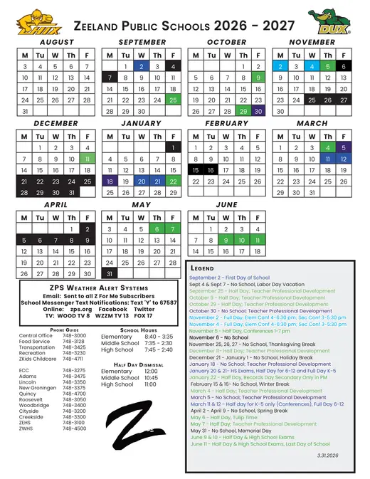 Zeeland Public Schools 2026–2027 Academic Calendar Page 1